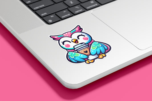 Kawaii Owl with Coffee Vinyl Sticker | Sticker Lodge