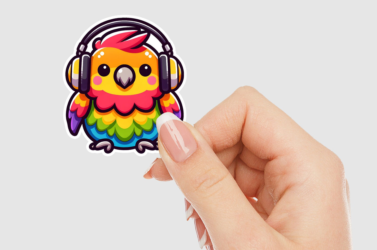 Parrot with Headphones Kawaii Vinyl Sticker | Sticker Lodge