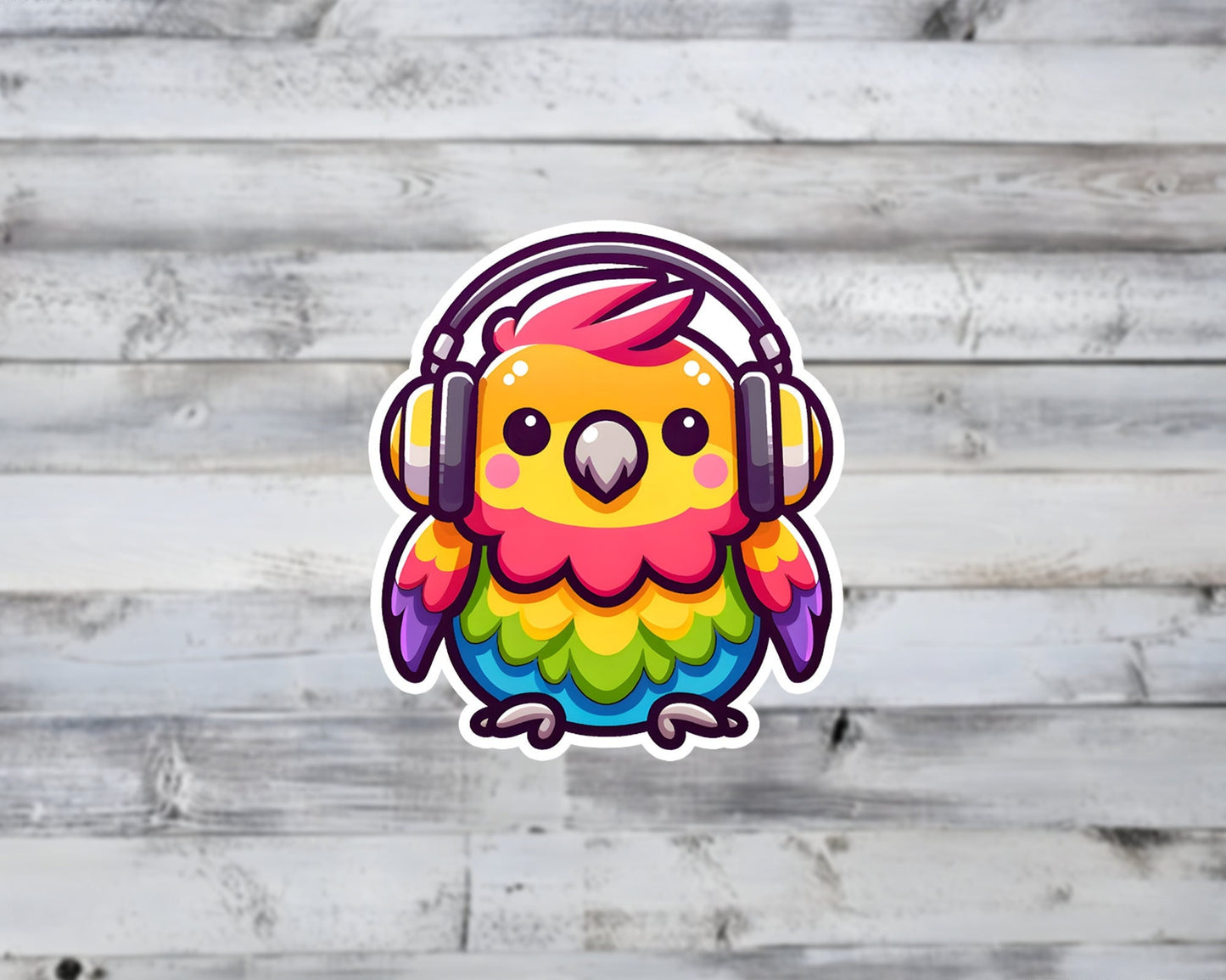 Parrot with Headphones Kawaii Vinyl Sticker | Sticker Lodge