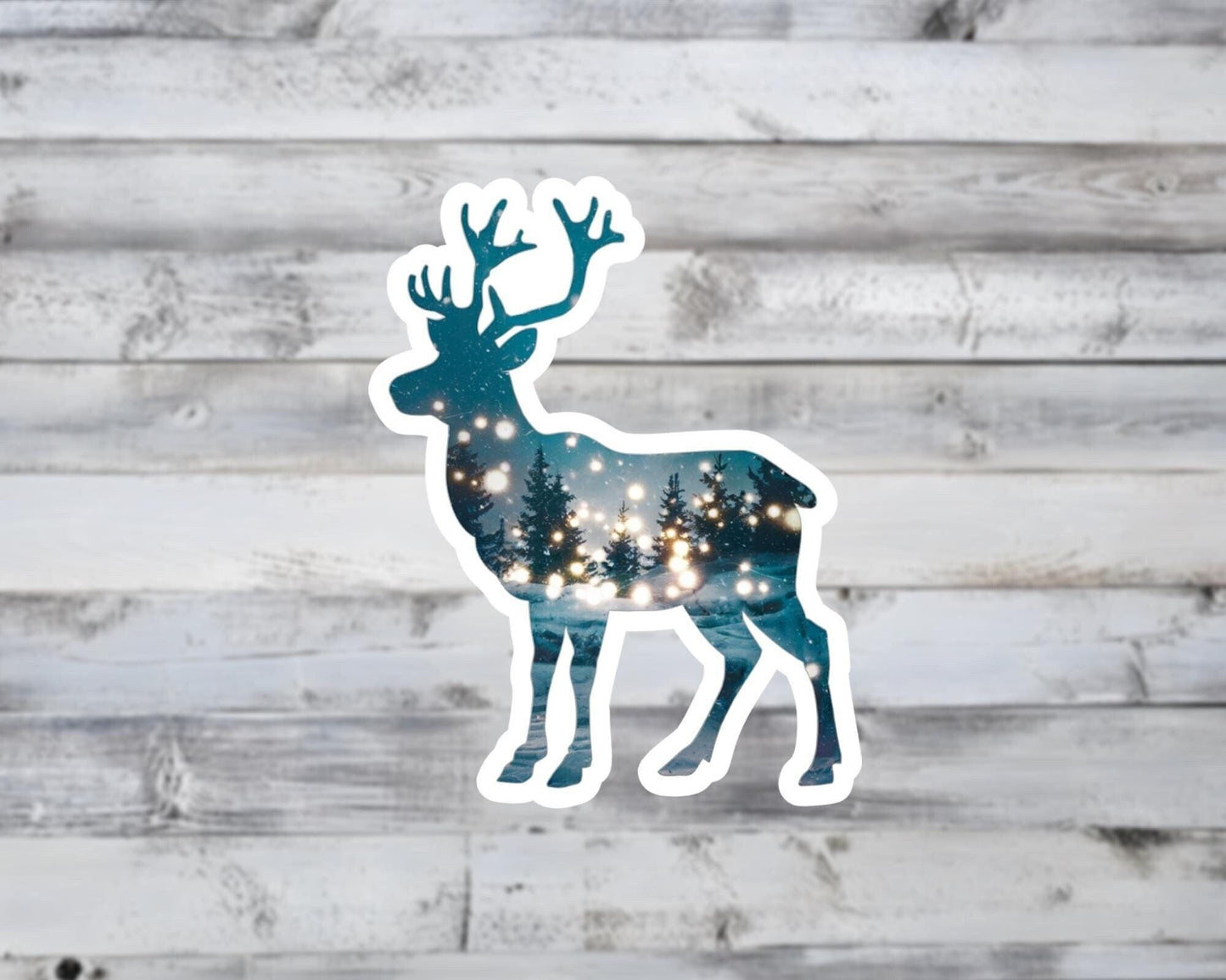 Reindeer and Winter Forest Double Exposure Vinyl Sticker | Sticker Lodge