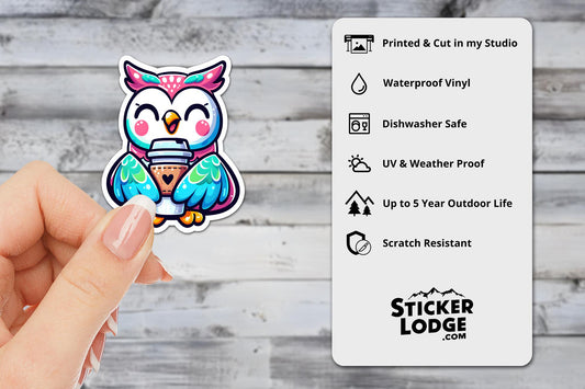 Kawaii Owl Coffee Vinyl Sticker | Sticker Lodge