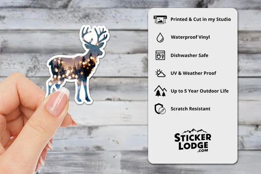 Festive Reindeer and Winter Forest Double Exposure Vinyl Sticker | Sticker Lodge