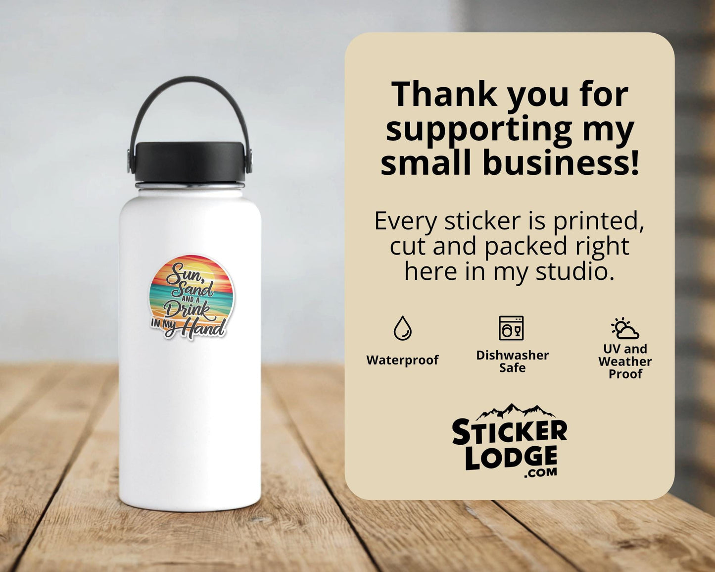 Sun, Sand and a Drink in my Hand Vinyl Sticker | Sticker Lodge