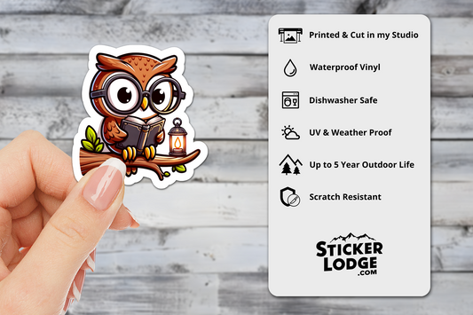Owl Reading a Book Vinyl Sticker | Sticker Lodge