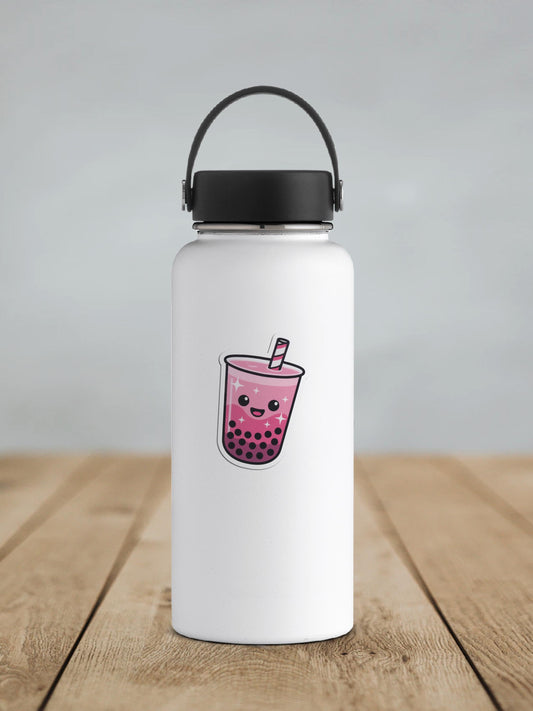 Pink Boba Tea Vinyl Sticker – Cute Happy Bubble Tea Kawaii Decal | Sticker Lodge