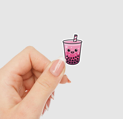 Pink Boba Tea Vinyl Sticker – Cute Happy Bubble Tea Kawaii Decal | Sticker Lodge