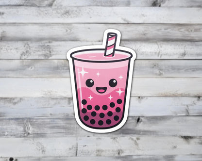 Pink Boba Tea Vinyl Sticker – Cute Happy Bubble Tea Kawaii Decal | Sticker Lodge