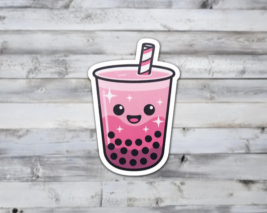 Pink Boba Tea Vinyl Sticker – Cute Happy Bubble Tea Kawaii Decal | Sticker Lodge