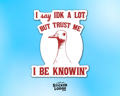 I Say IDK A Lot But Trust Me I Be Knowing Vinyl Sticker | Sticker Lodge