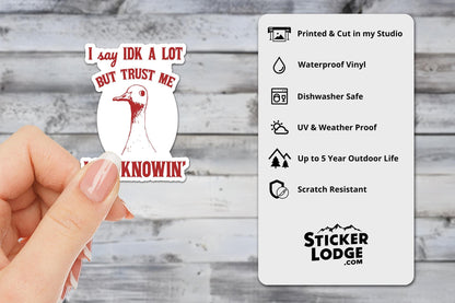 I Say IDK A Lot But Trust Me I Be Knowing Vinyl Sticker | Sticker Lodge