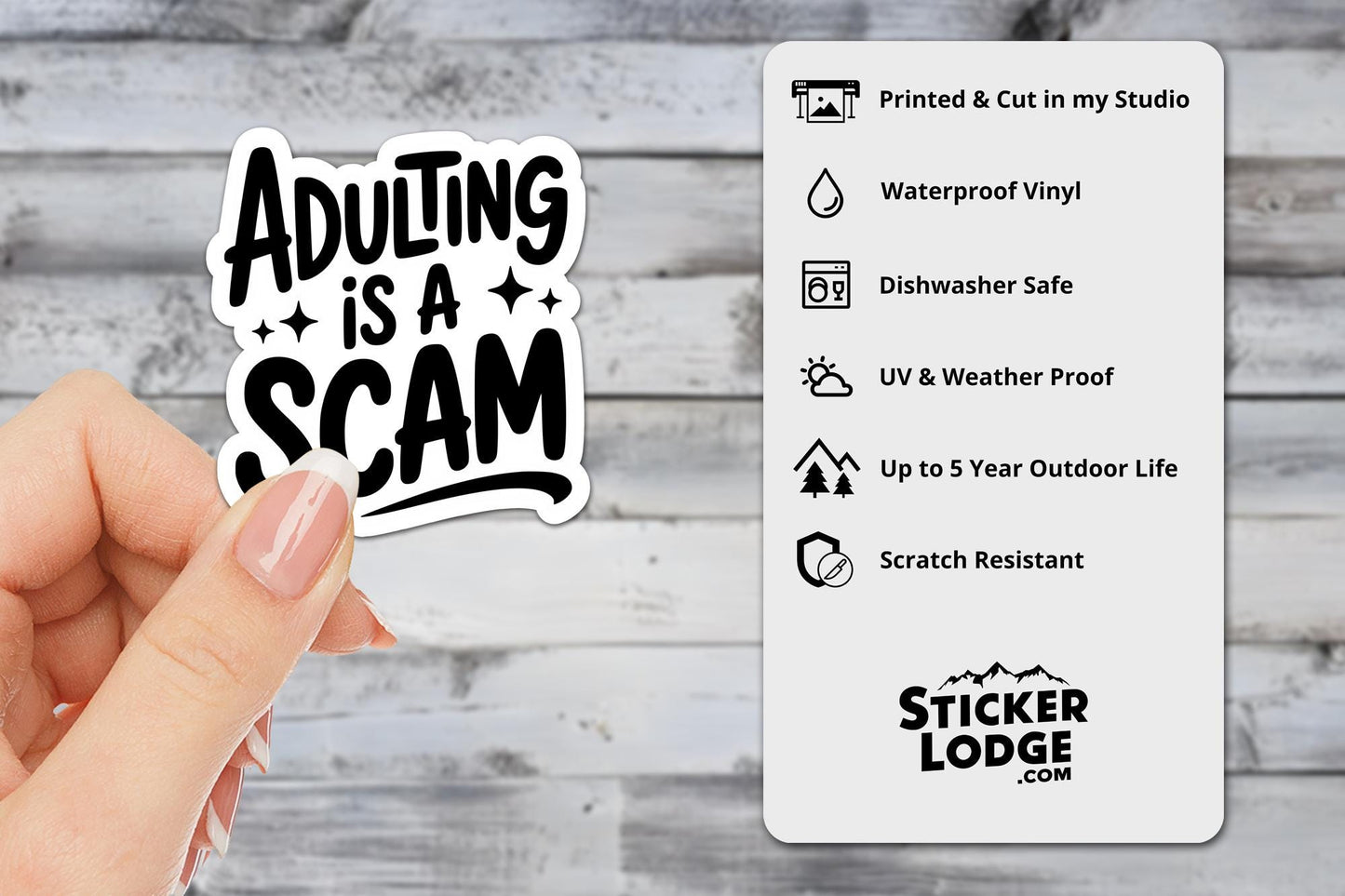 Adulting Is A Scam Vinyl Sticker | Sticker Lodge