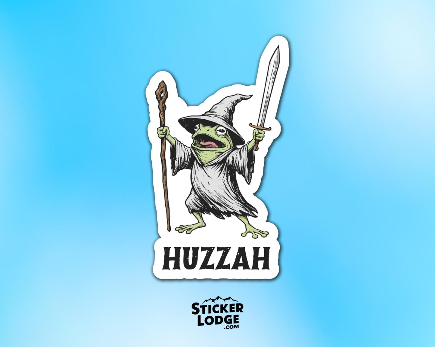 Huzzah Frog Wizard Vinyl Sticker | Sticker Lodge