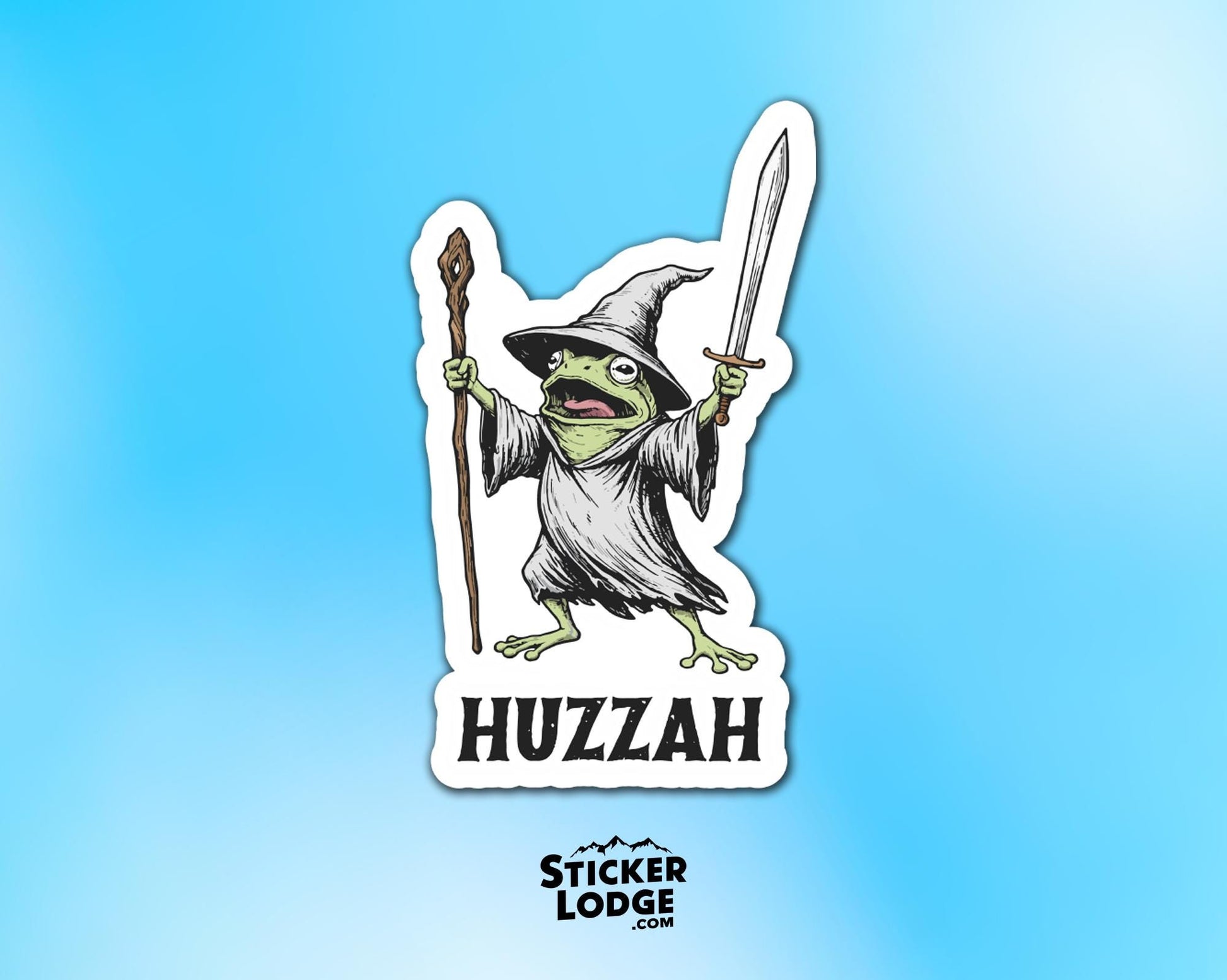 Huzzah Frog Wizard Vinyl Sticker | Sticker Lodge